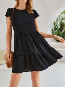 SHEIN Vestido de manga a capas bajo con fruncido - Negro - Ver 1