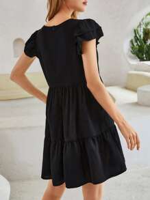 SHEIN Vestido de manga a capas bajo con fruncido - Negro - Ver 2