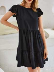 SHEIN Vestido de manga a capas bajo con fruncido - Negro - Ver 3