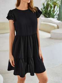 SHEIN Vestido de manga a capas bajo con fruncido - Negro - Ver 4