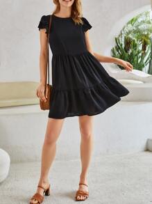 SHEIN Vestido de manga a capas bajo con fruncido - Negro - Ver 5