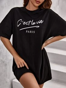 SHEIN Frenchy Vestido estilo camiseta de hombros caídos con estampado de slogan - Negro - Ver 1
