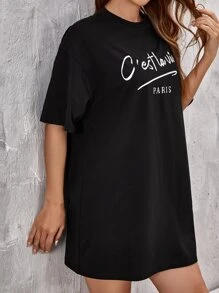 SHEIN Frenchy Vestido estilo camiseta de hombros caídos con estampado de slogan - Negro - Ver 4