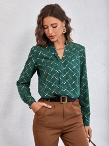 Mulvari Argyle Print Notched Neckline Blouse - Dark Green - View 1