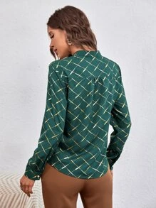 Mulvari Argyle Print Notched Neckline Blouse - Dark Green - View 2