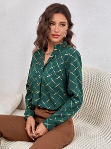 Mulvari Argyle Print Notched Neckline Blouse - Dark Green - View 3