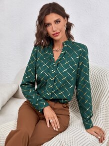 Mulvari Argyle Print Notched Neckline Blouse - Dark Green - View 4
