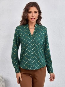 Mulvari Argyle Print Notched Neckline Blouse - Dark Green - View 5