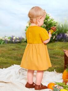 嬰兒泡泡袖凸花蕾絲細節連衣裙 - 黃色 - 查看 2