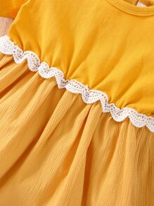嬰兒泡泡袖凸花蕾絲細節連衣裙 - 黃色 - 查看 7