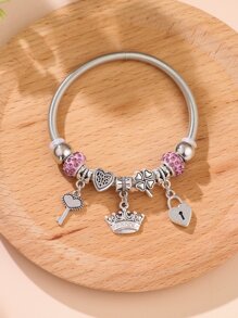 Key & Lock Charm Bangle - Silver - View 2