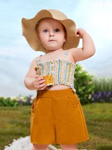 Bộ đồ Em bé viền lá sen Dải chun Nút phía trước Sọc Họa tiết hoa Boho - Nhiều màu - Xem 1