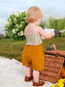 Bộ đồ Em bé viền lá sen Dải chun Nút phía trước Sọc Họa tiết hoa Boho - Nhiều màu - Xem 2