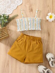 Bộ đồ Em bé viền lá sen Dải chun Nút phía trước Sọc Họa tiết hoa Boho - Nhiều màu - Xem 4