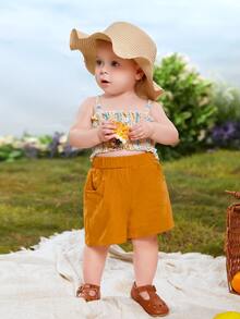 Bộ đồ Em bé viền lá sen Dải chun Nút phía trước Sọc Họa tiết hoa Boho - Nhiều màu - Xem 6