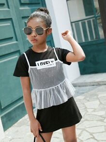 SHEIN Bộ hai mảnh Gái Tương phản Mesh Viên lá sen Lá thư Giải trí - Đen và trắng - Xem 1