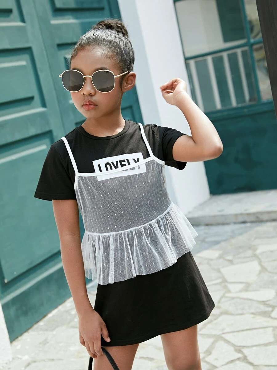 SHEIN Bộ hai mảnh Gái Tương phản Mesh Viên lá sen Lá thư Giải trí - Đen và trắng - Xem 1