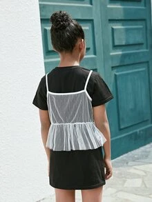SHEIN Bộ hai mảnh Gái Tương phản Mesh Viên lá sen Lá thư Giải trí - Đen và trắng - Xem 2