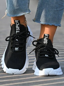 Zapatillas de mujer para otoño/invierno con detalles de letras negras, puntera redonda y cordones frontales, zapatos para correr