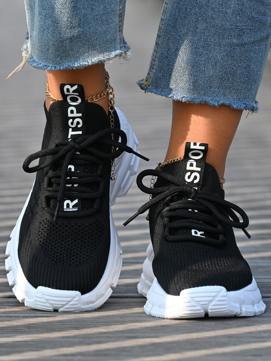 Zapatillas de mujer para otoño/invierno con detalles de letras negras, puntera redonda y cordones frontales, zapatos para correr