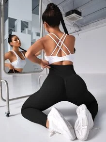 Easithlete 瑜伽打底褲無縫高彈力羅紋針織運動緊身褲帶寬腰帶 - 黑色 - 查看 1