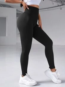 Easithlete 瑜伽打底褲無縫高彈力羅紋針織運動緊身褲帶寬腰帶 - 黑色 - 查看 2