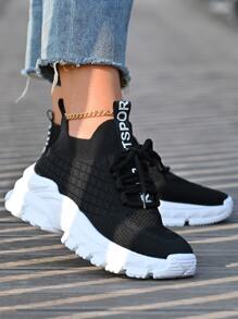 Zapatillas de mujer para otoño/invierno con detalles de letras negras, puntera redonda y cordones frontales, zapatos para correr