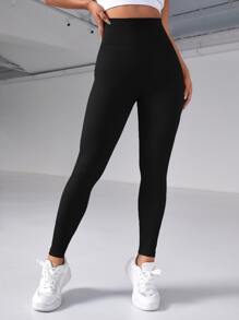 Easithlete 瑜伽打底褲無縫高彈力羅紋針織運動緊身褲帶寬腰帶 - 黑色 - 查看 3