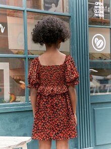 SHEIN Girls Floral Print Ruffle Trim Puff Sleeve Dress - Multicolor - View 2