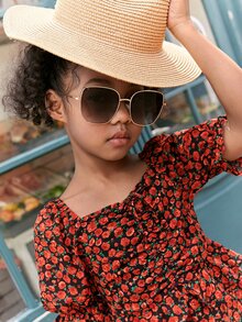 SHEIN Girls Floral Print Ruffle Trim Puff Sleeve Dress - Multicolor - View 5