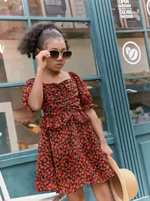 SHEIN Girls Floral Print Ruffle Trim Puff Sleeve Dress - Multicolor - View 1