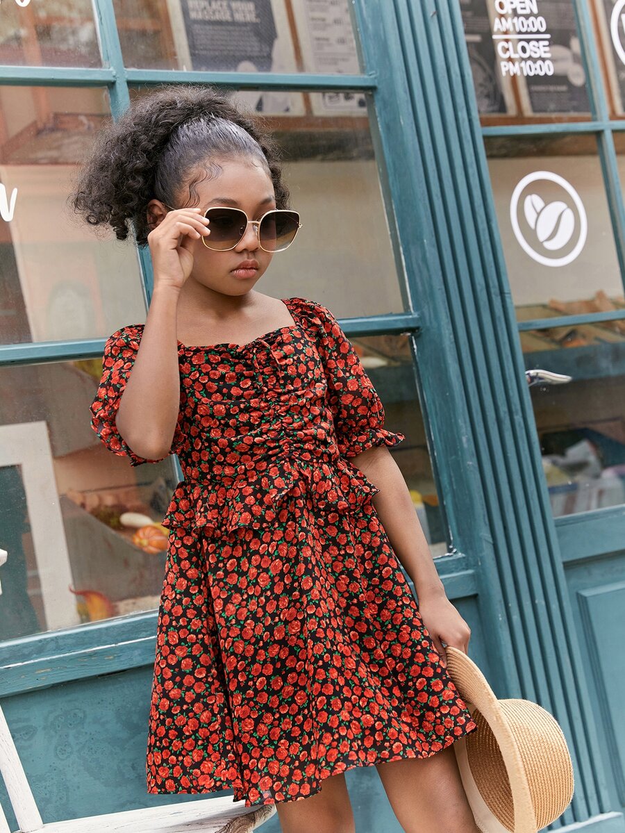 SHEIN Girls Floral Print Ruffle Trim Puff Sleeve Dress - Multicolor - View 1