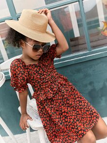 SHEIN Girls Floral Print Ruffle Trim Puff Sleeve Dress - Multicolor - View 6