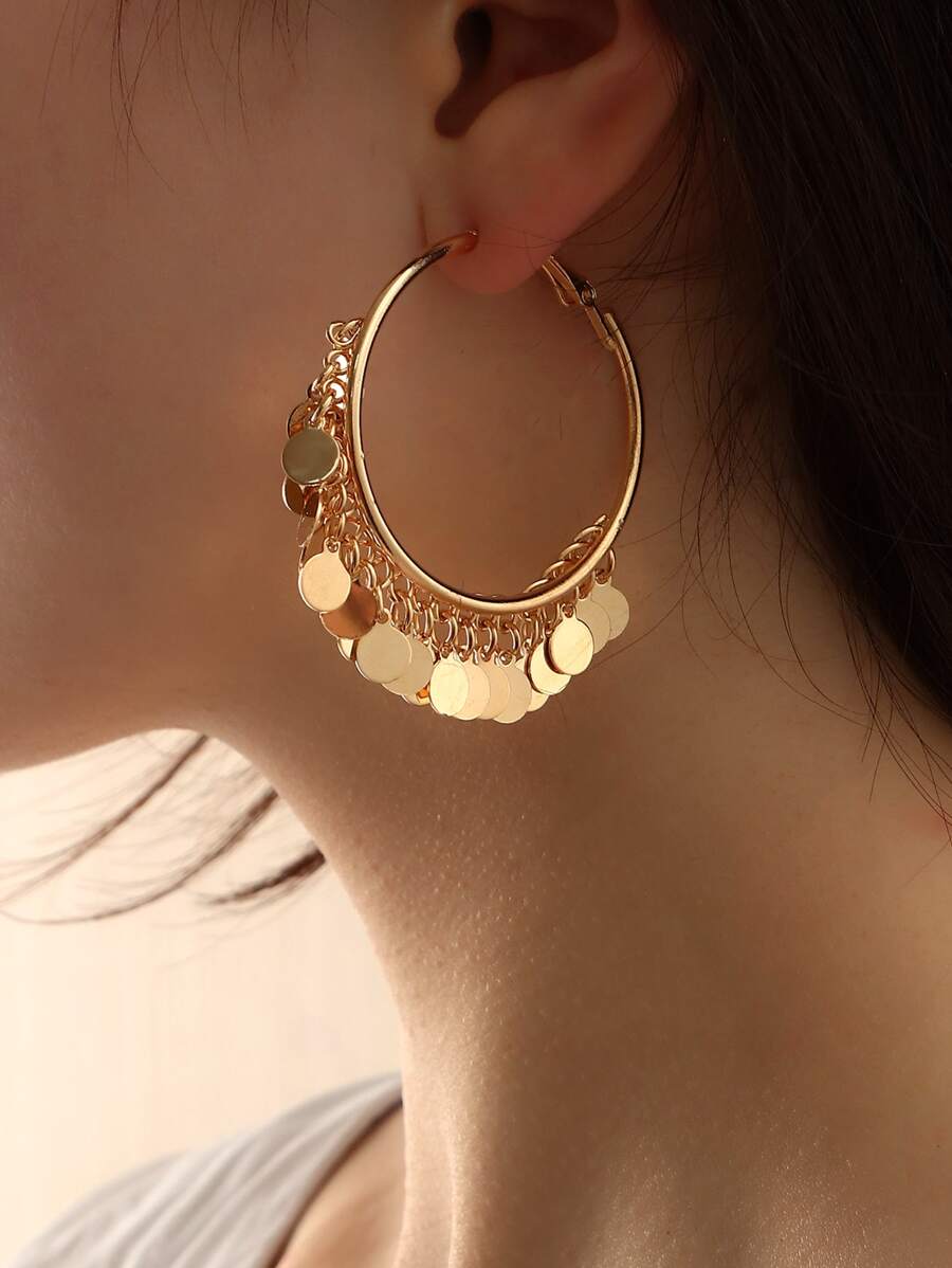 1 Pair Bohemian Geometric Metal Slice Pendant Tassel Hoop Earrings For Women - Yellow Gold - View 1
