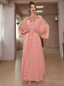 Al Najma Rhinestone Beaded Cold Shoulder Dolman Sleeve Belted Kaftan - Coral Pink - View 1