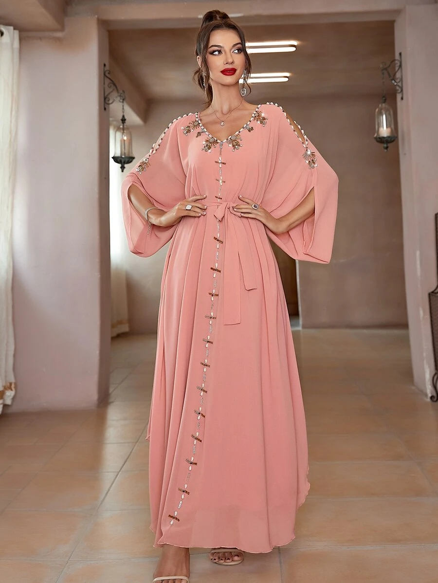 Al Najma Rhinestone Beaded Cold Shoulder Dolman Sleeve Belted Kaftan - Coral Pink - View 1