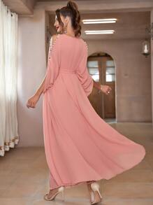 Al Najma Rhinestone Beaded Cold Shoulder Dolman Sleeve Belted Kaftan - Coral Pink - View 2