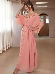 Al Najma Rhinestone Beaded Cold Shoulder Dolman Sleeve Belted Kaftan - Coral Pink - View 3