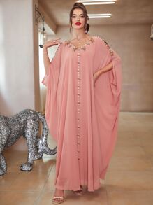 Al Najma Rhinestone Beaded Cold Shoulder Dolman Sleeve Belted Kaftan - Coral Pink - View 4