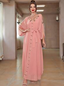 Al Najma Rhinestone Beaded Cold Shoulder Dolman Sleeve Belted Kaftan - Coral Pink - View 5