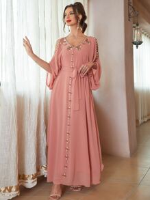 Al Najma Rhinestone Beaded Cold Shoulder Dolman Sleeve Belted Kaftan - Coral Pink - View 6