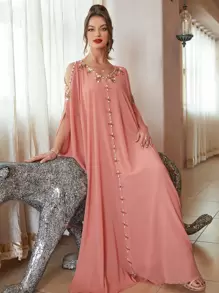 Al Najma Rhinestone Beaded Cold Shoulder Dolman Sleeve Belted Kaftan - Coral Pink - View 7