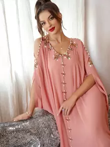 Al Najma Rhinestone Beaded Cold Shoulder Dolman Sleeve Belted Kaftan - Coral Pink - View 8