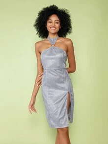 LOVE YOU MORE Đầm Lộ Lưng Nhẫn Dây kéo Tách cao màu trơn Hấp dẫn - Bạc - Xem 3