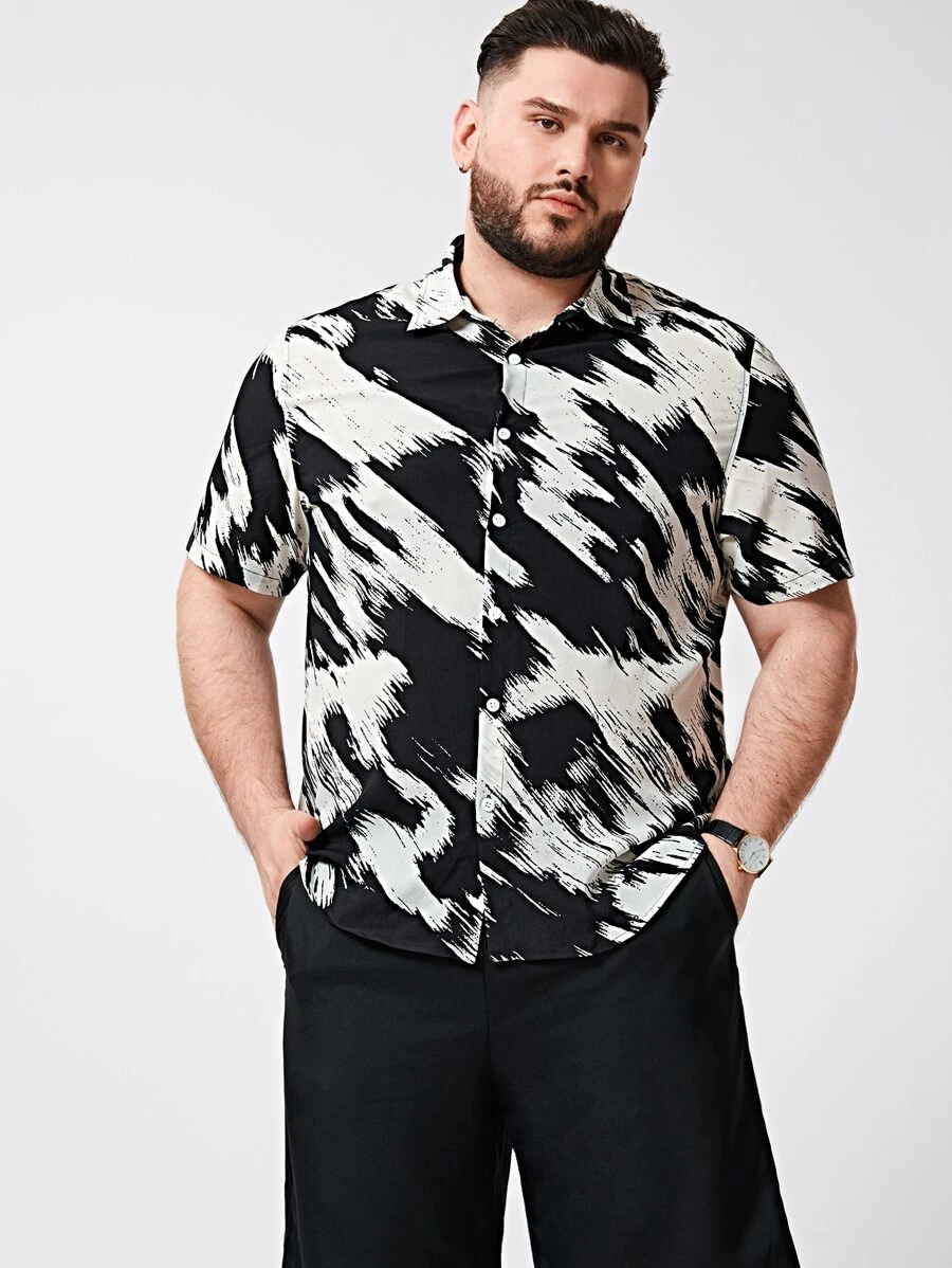EASEVO Men Plus Brush Stroke Print Shirt - Black and White - View 1