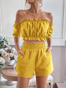 Breezaya Off Shoulder Frill Trim Top & Shorts - Yellow - View 1