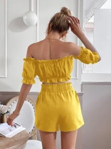 Breezaya Off Shoulder Frill Trim Top & Shorts - Yellow - View 2