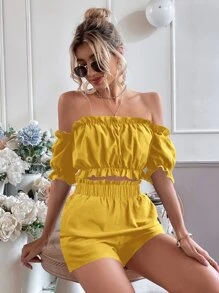 Breezaya Off Shoulder Frill Trim Top & Shorts - Yellow - View 4