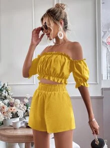 Breezaya Off Shoulder Frill Trim Top & Shorts - Yellow - View 5