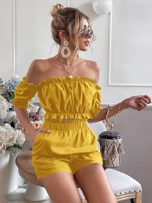 Breezaya Off Shoulder Frill Trim Top & Shorts - Yellow - View 6